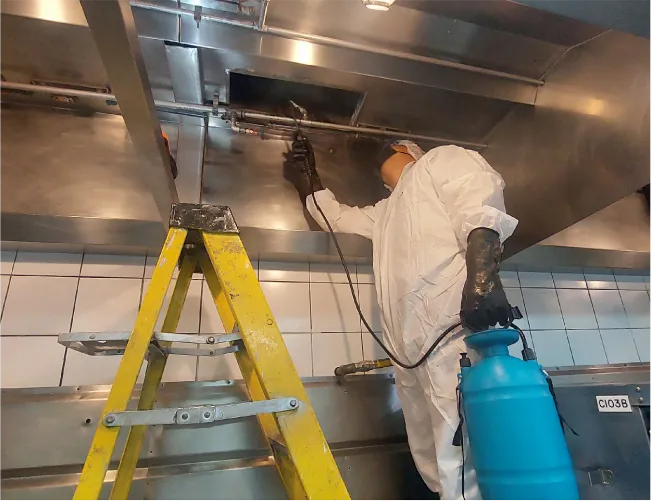 Técnico de ANSIMA con equipo de protección limpiando la campana extractora de una cocina industrial